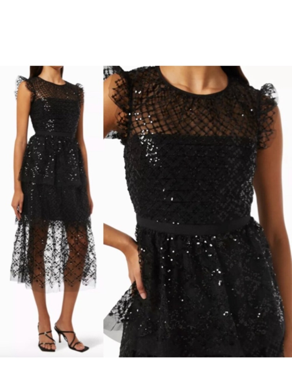 Self-Portrait Black Lace Dress with Sequin Grid